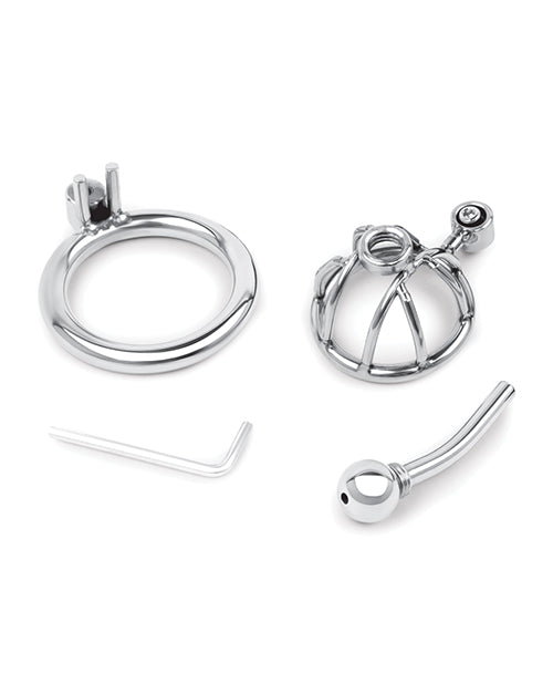 Lockmaster Stainless Steel Inverted Micro Chastity Cage w/Urethral Straw; Silver
